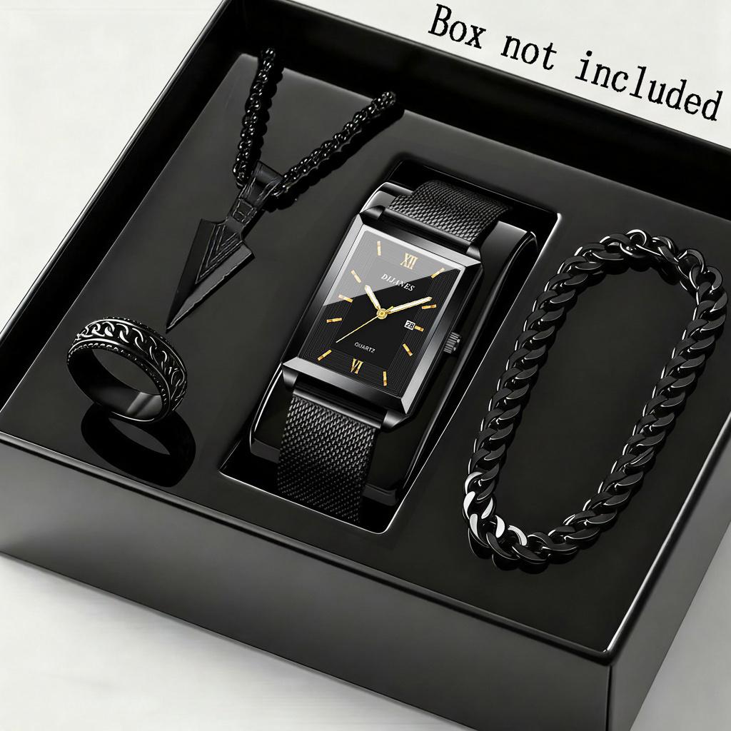 4pcs/set Fashion Men s Quartz Watch & Necklace Bracelet Set -Men s Necklaces Ring, Men s Bracelets Business Watch | Elegant Watch for Men