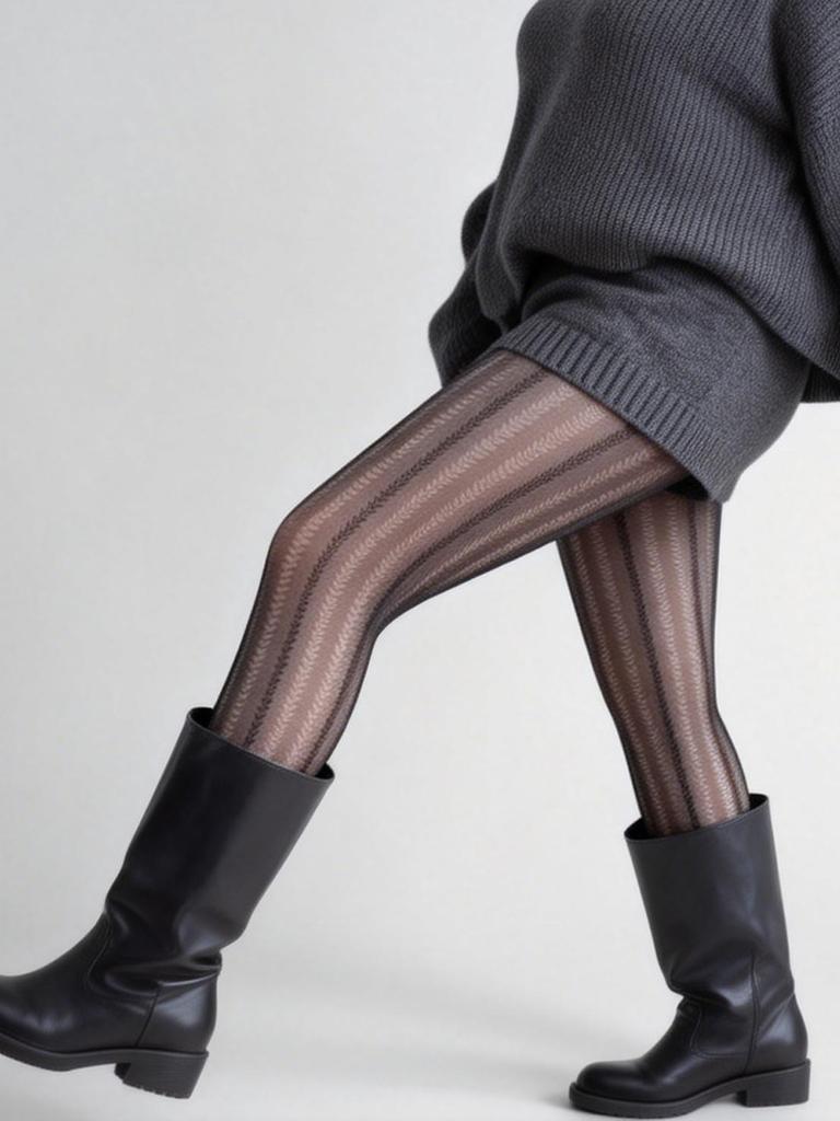 1 Pc Women'S Black Sheer Wave Pattern Pantyhose, Side Strip Slimming High-Stretch Hosiery, Ideal For Autumn Winter Daily Commute
