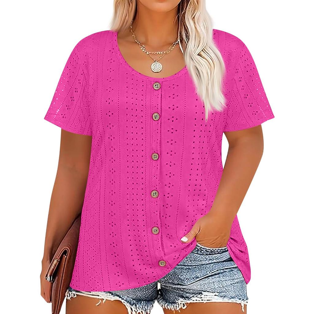 Plus Size Women's Fashion Casual Vintage Soild O-Neck Short Sleeve Button T-Shirt Top