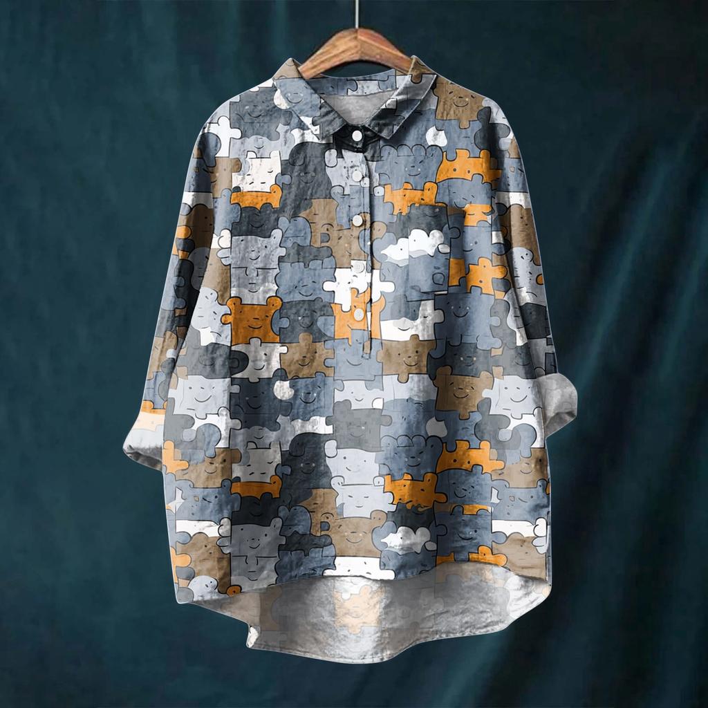 Women's Long Sleeve Shirt Button Vintage Floral Print Casual Hem Irregular Shirt Collar Top