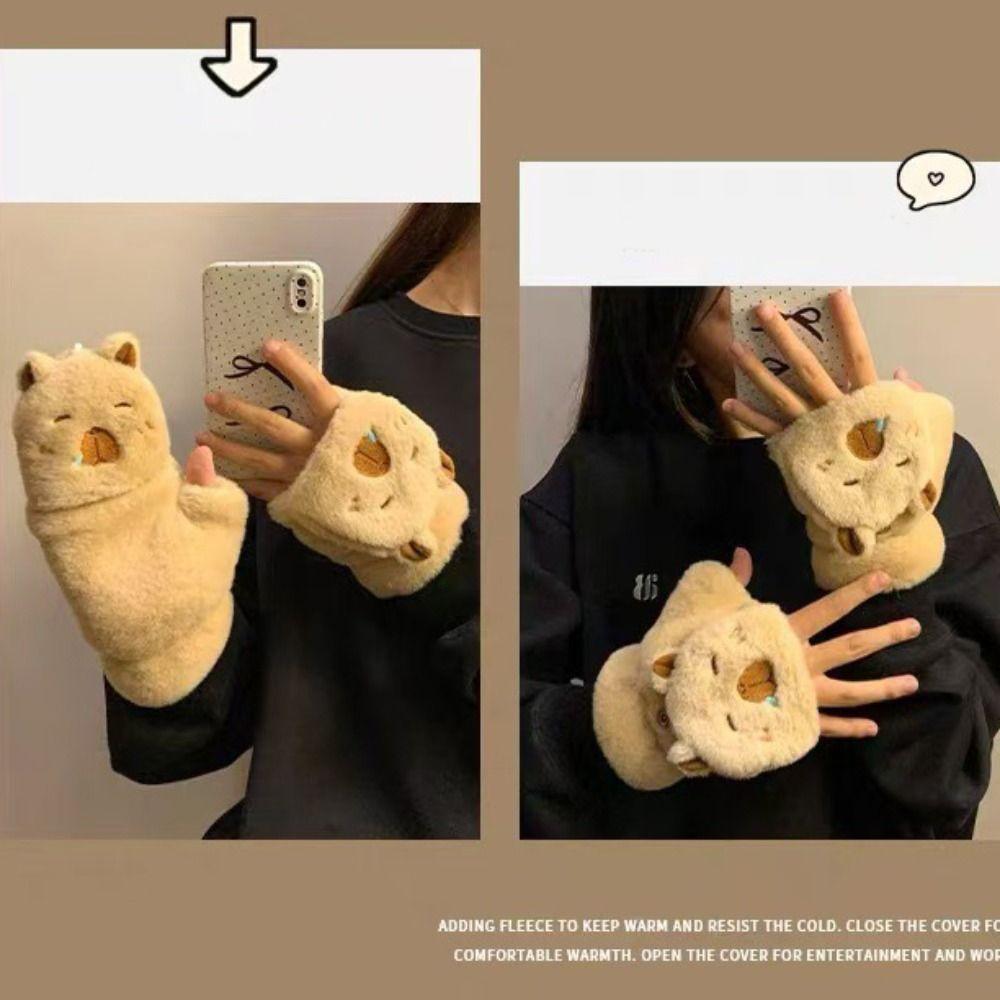 Plush Gloves Flip Cover Winter Velvet Gloves Kawaii Capybara Gloves Student