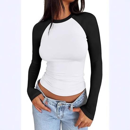 European and American T-shirt women's new sexy yoga hottie contrasting color round neck long-sleeved women's top