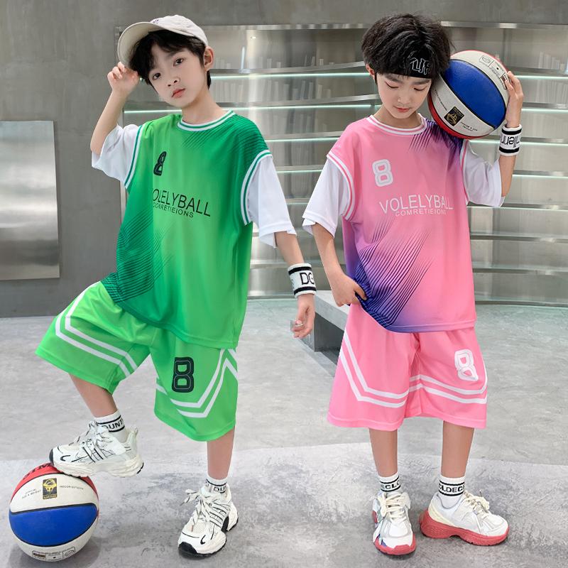 Boys' summer basketball suit set new 2026 mid to large children's summer short sleeved quick drying sports football suit trend