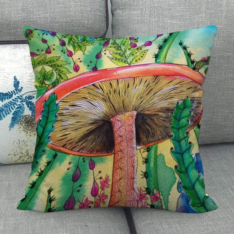 45X45cm Pilz Kunst Kissenbezug Quadratischer Reißverschluss Baumwolle Leinen Kissenbezüge Schlafzimmer Zuhause Büro Dekorativer Kissenbezug WJY12.25