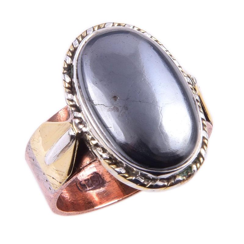 Natural Gunmetal Gemstone Handmade 925 Sterling Silver Two Tone Ring Size 7 J1s39
