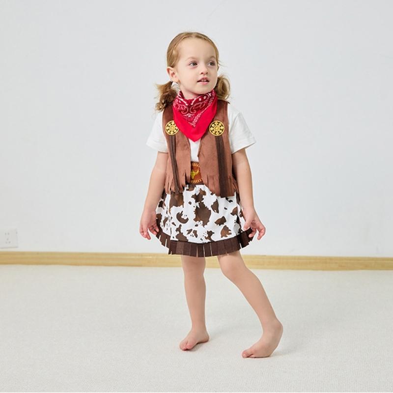 Kinder Cowgirl Rollenspiel Kostüm Set 4 Teile Weste Hose Hut und Kurzer Rock Performance Kleidung
