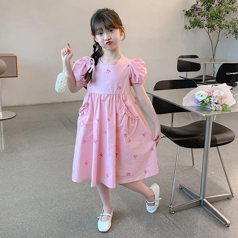 2026 Girls Dress Sweet Princess Style Puff Sleeve Bow Detail Kids Over 4 Years Old