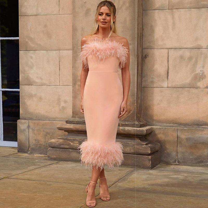 Personality Sleeveless Bodycon Dress with Side Slit and Fur Details Skirt Slim-fit Bag Hip Fluffy Pencil Skirt Dress Dress Skirt Bridesmaid Skirt