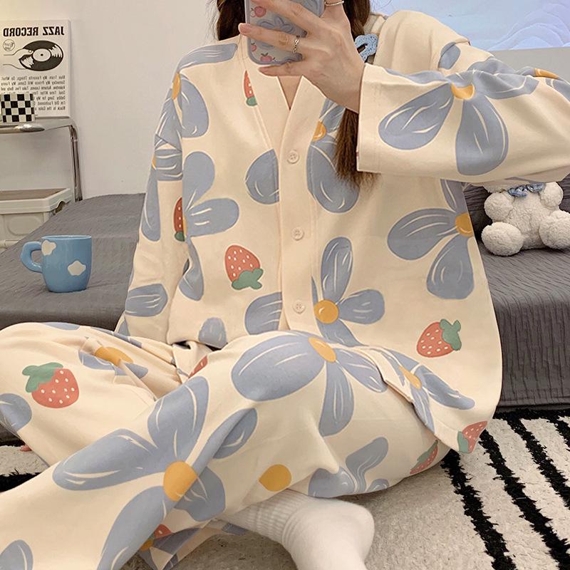 Autumn 2025 Women's Long Sleeve Cardigan Pajamas - Cute Ins Style Homewear