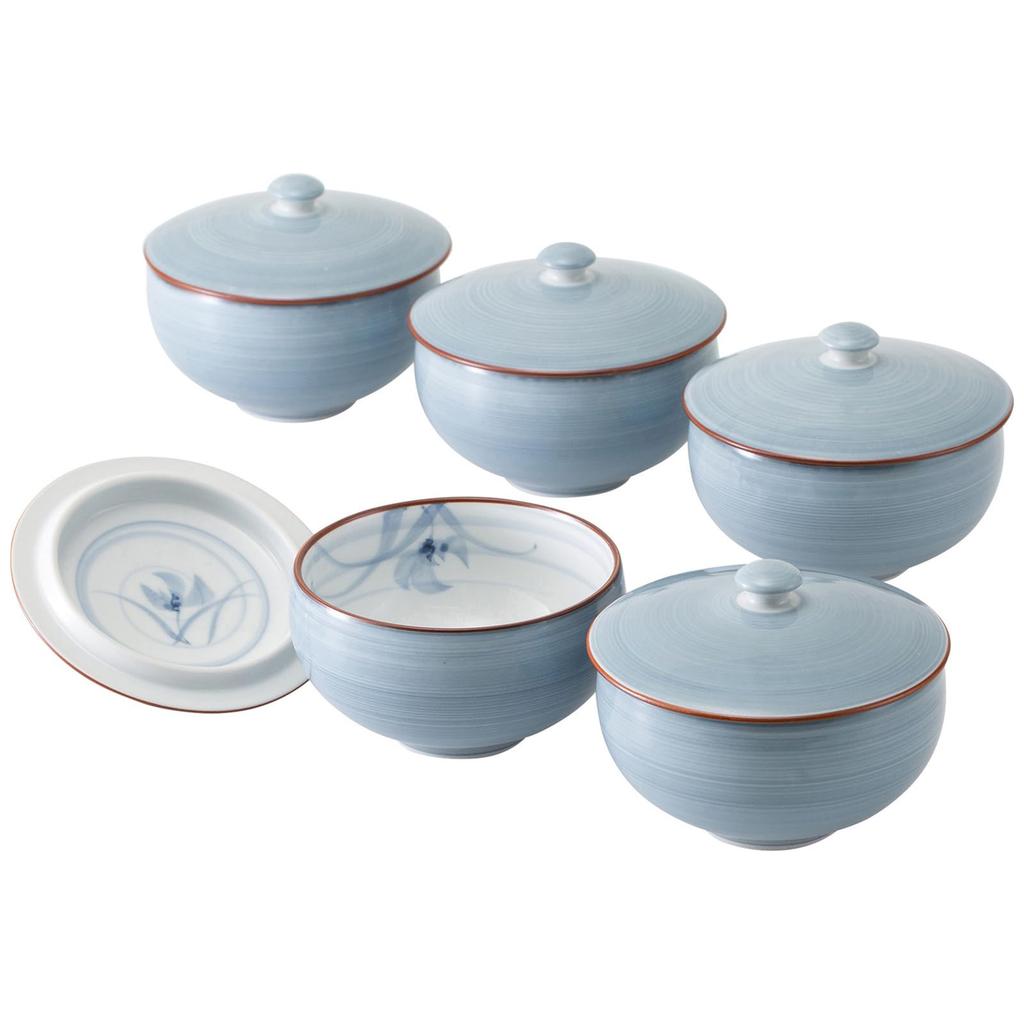 Saikai Pottery Hasami Ware "Gray Orchid" Teacup 5-Piece Set with Lids - Includes Cups, Sencha Bowls, and Tea Cups. Approx. 9.5cm Diameter x 7.5cm Heig