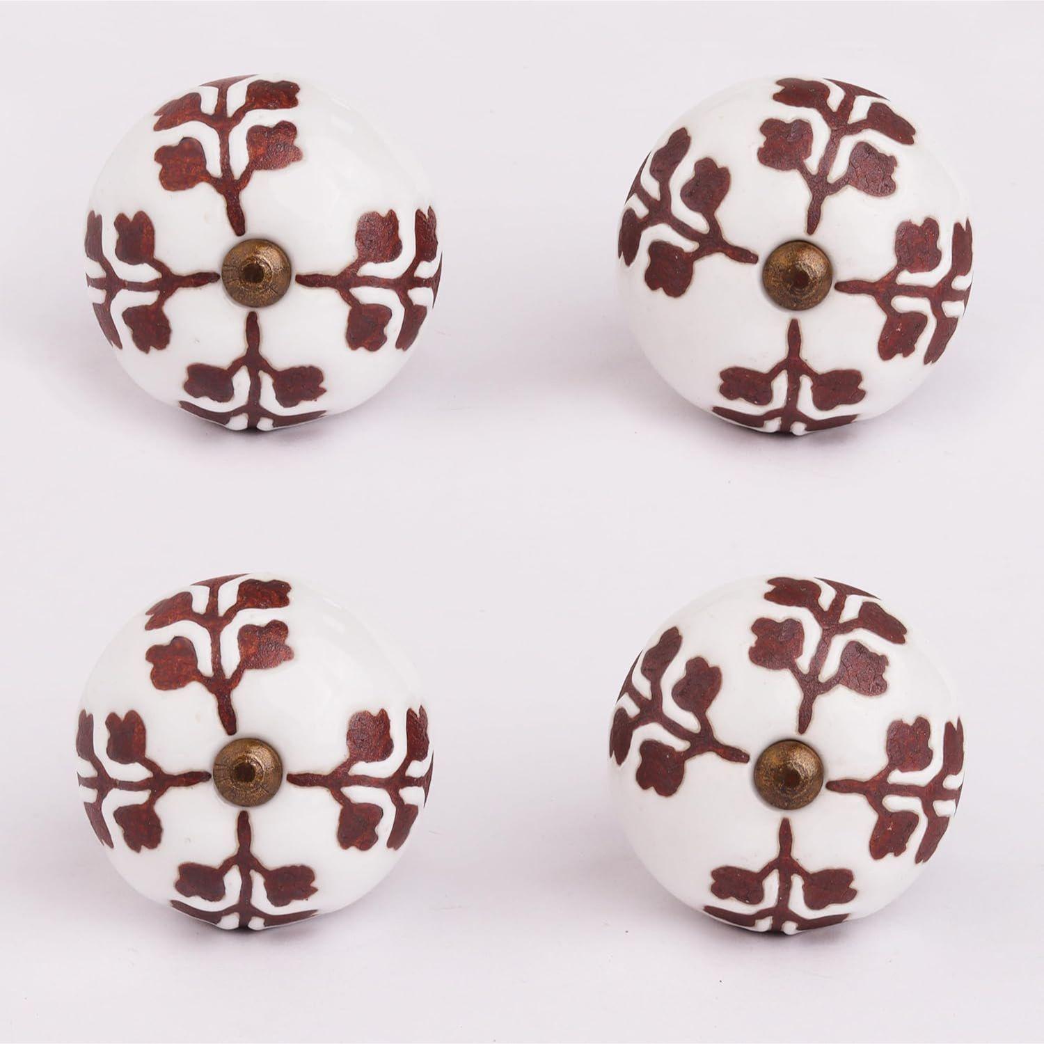

Набор из 4 керамических роскошных ручек для ящиков с коричневым листом и цветком, для кухонной фурнитуры, декоративные дверные ручки для комода, ручная работа