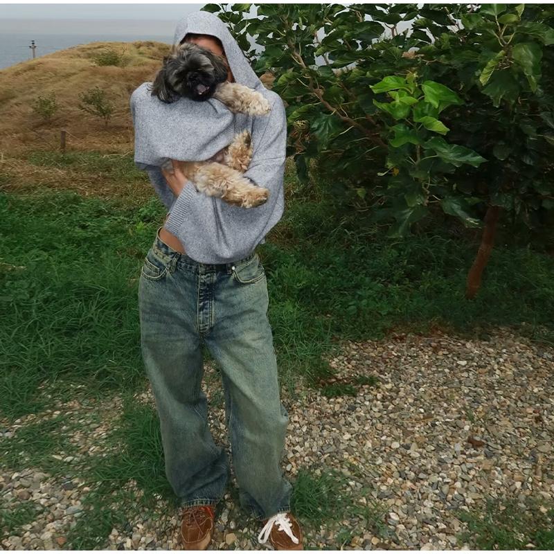 Mode Lässig Damen Voll Längen Locker Sitzende Jeans Gemütlich Mittlere Taille Abgenutzt Baggy Denim Hose Weiter Bein Hinten Aufgerissene Manschette Jean