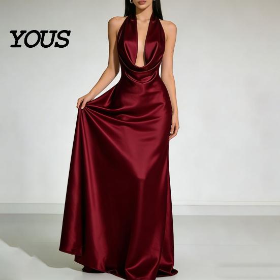 Party Dress Casual Women Sexy Backless Maxi Dress, Deep V Neck Sleeveless Versatile Halter Satin Long Formal Evening Mermaid Gown