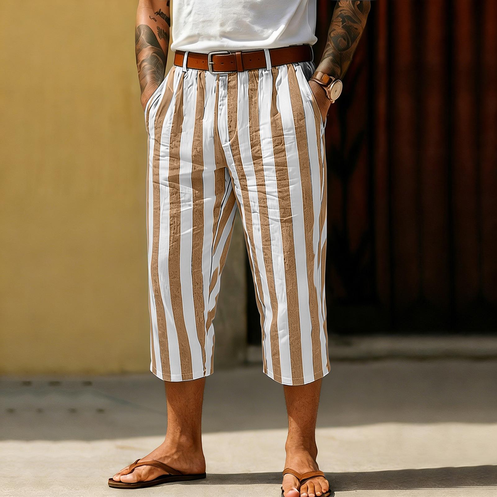 Mens Loose Fit Striped Capri Pants Elastic Waist Casual Cropped Trousers Lightweight Breathable Summer Wear for Men XXXL