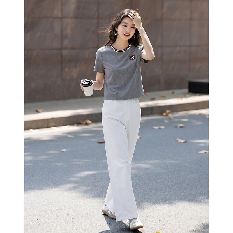 Demana Women's Ribbed Collar Letter Patch Short Sleeve T-Shirt