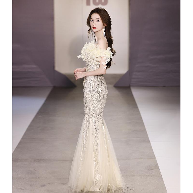 Fishtail Evening Dress Skirt 1011 One-word Shoulder High-end Light Luxury Niche Haute Couture Senior Host Sequins Annual Dinner Flash