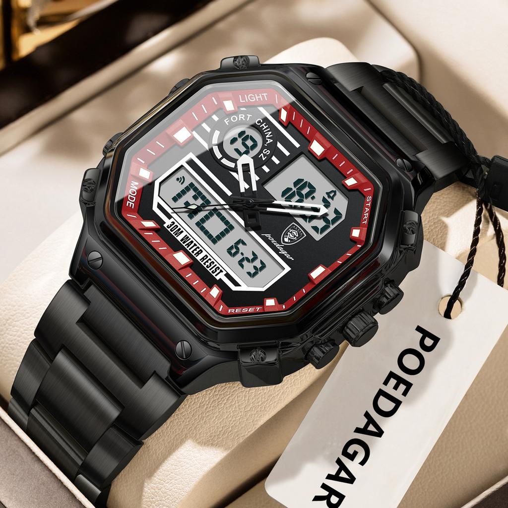 POEDAGAR Top Luxury Men Quartz Watch Waterproof Stainless Steel LED Man Watch Week Date Sports Military Electronic Watches