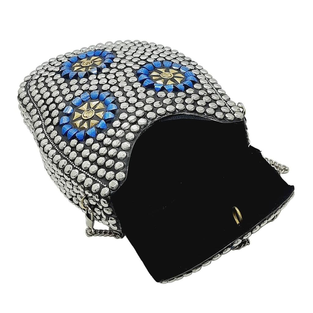 Silver Metal Beaded Ethnic Purse Girls Bridal Bag Cross Body Bag for women/Girl Party Clutch Metal Clutches Vintage Brass