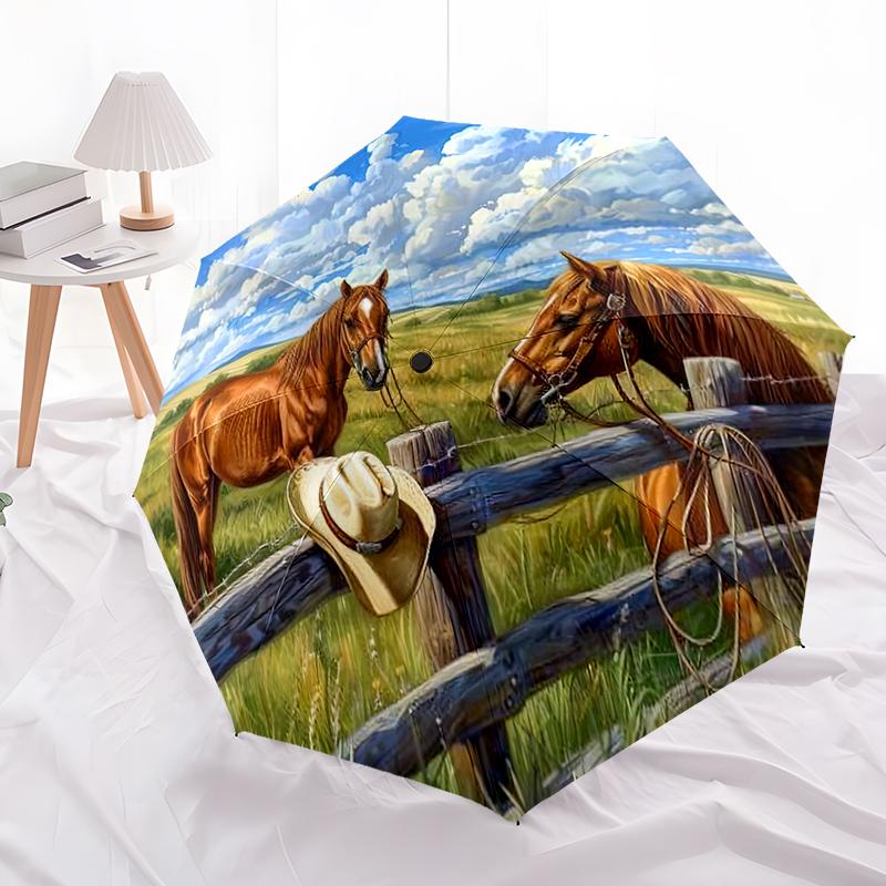 Ombrello Pieghevole Automatico con Cavallo Design a 8 Stecche Ombrello Compatto per Tempo Libero all'Aperto e Ombrello Quotidiano. Regalo Perfetto Per Amici E Famiglia