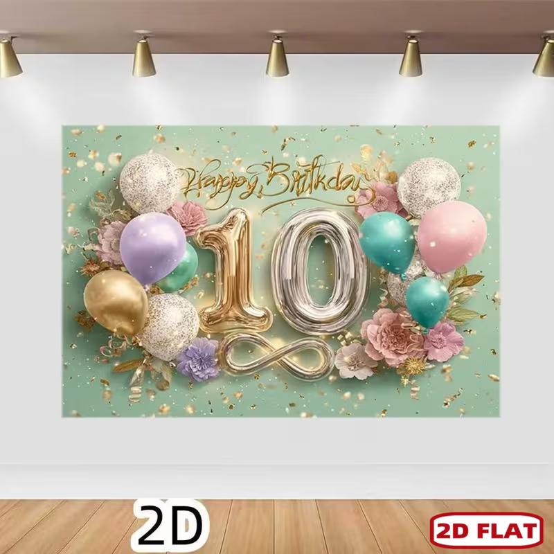 2D Sage Green Gold Themed 10th Birthday Backdrop Banner for Birthday Party Photography Decoration