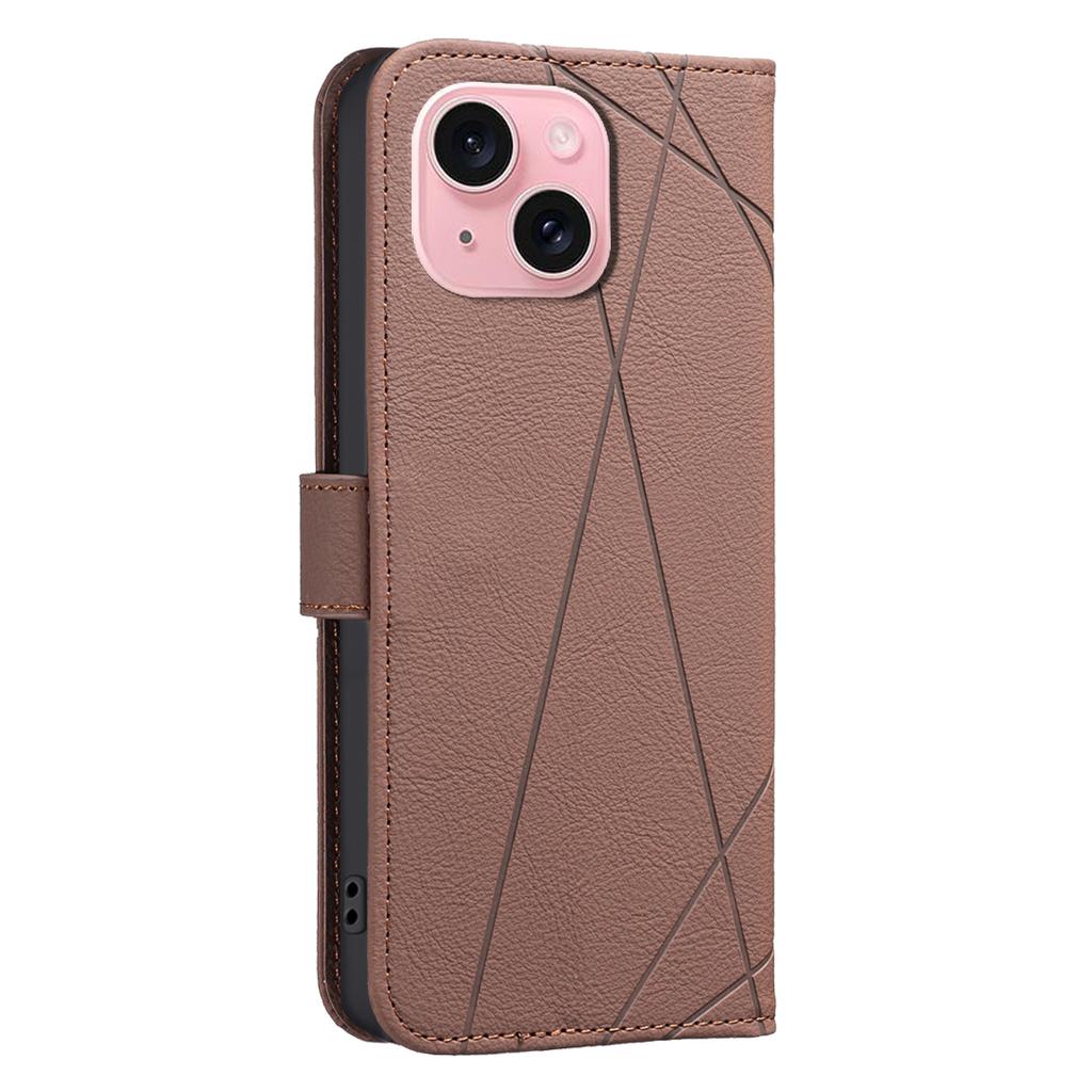 For iPhone 15 Case BINFEN COLOR BF35 Geometry Imprinted Leather Phone Cover RFID Blocking Wallet Stand