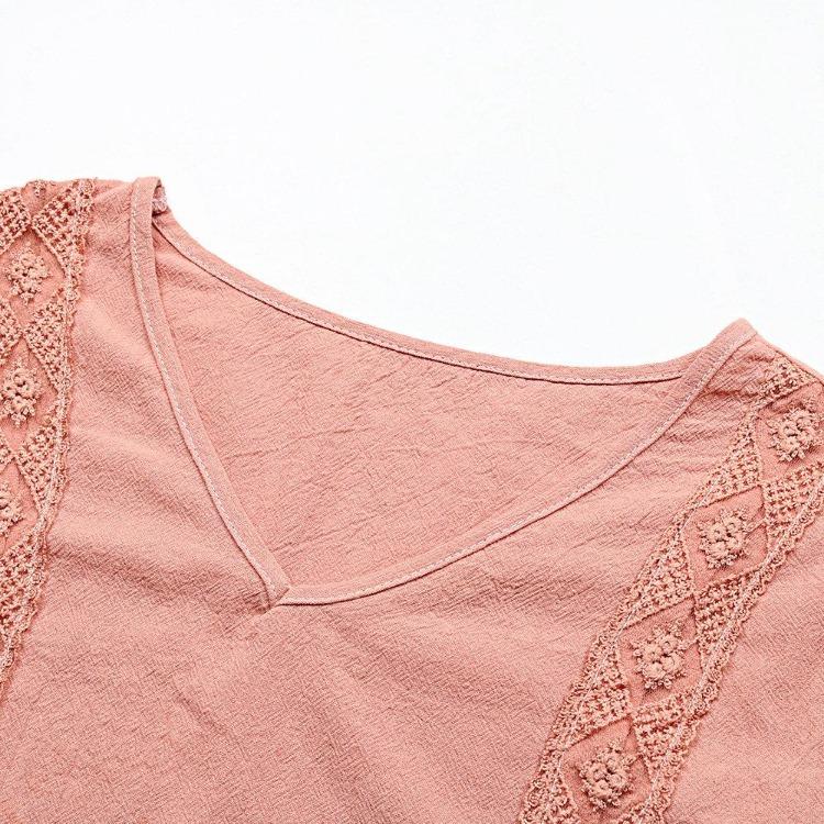Women Casual Summer Short Sleeve V Neck Blouse Shirt Pink Cotton Linen