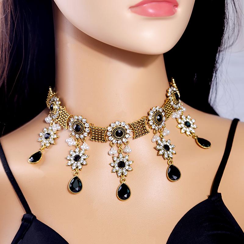 Bohemian Crystal Jewelry Set: Ethnic Tassel Necklace & Earring with Rhinestones