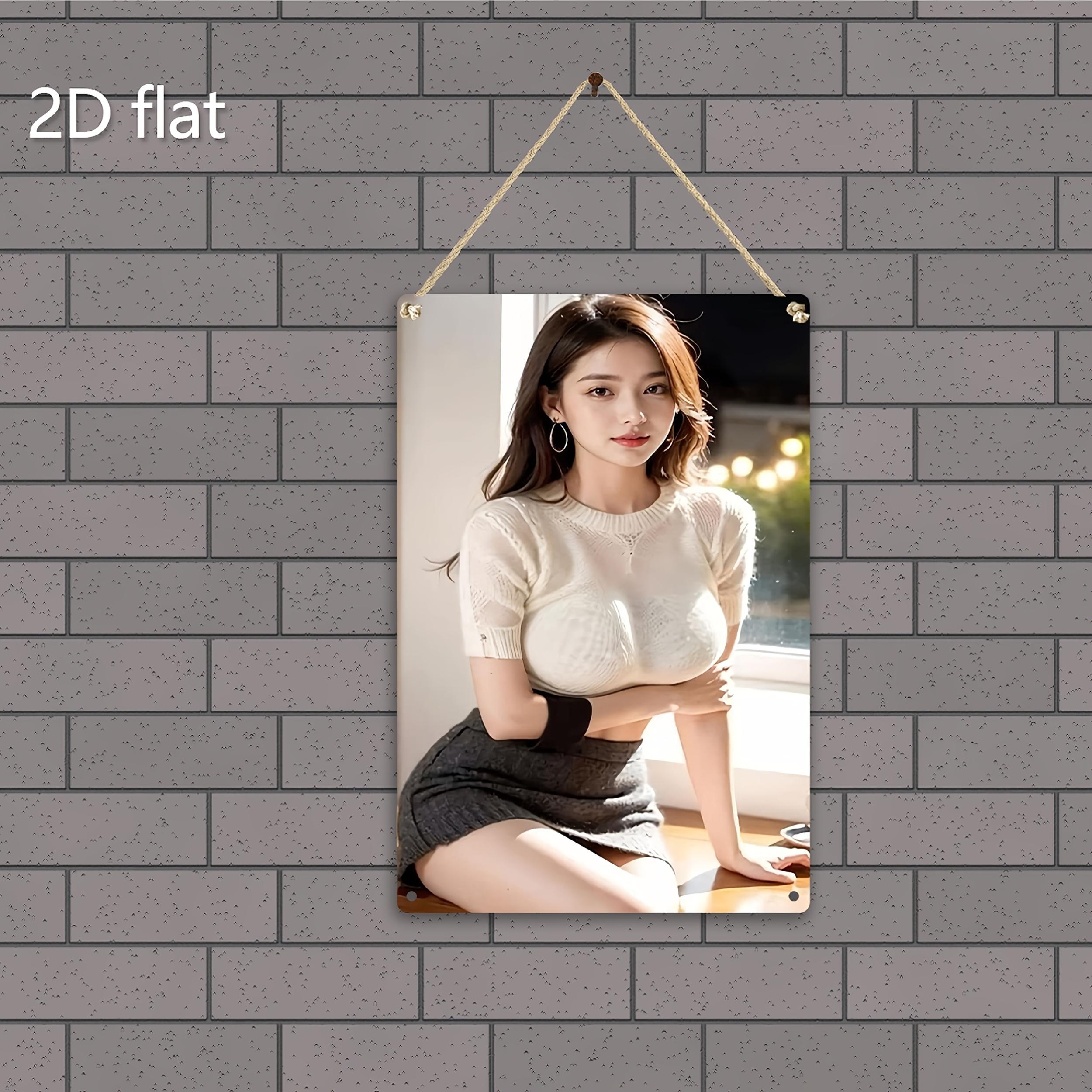 

HD Metal Tin Sign Sweet Asian Woman in White Knit Top Grey Mini Skirt Window Night Scene Vintage Wall Art Plaque Retro D Deco 20x30cm（7.8x11.8inch）