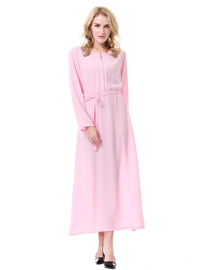 Women's Round Neck Solid Chiffon Zipper Long Dress, TH913