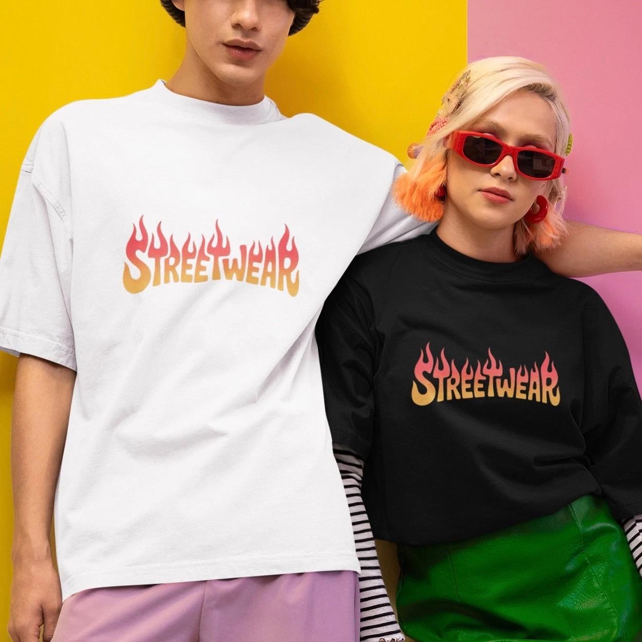 

Streetwear Flame T-Shirt Y2K Vintage Graphic Tee Cool Hip Hop Fire Print Unisex S