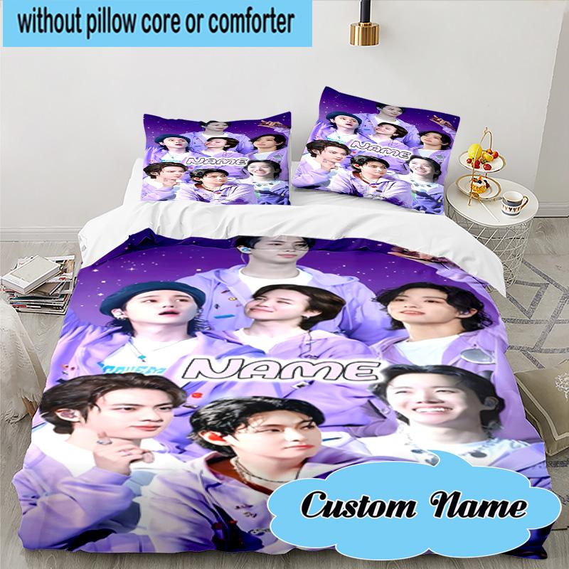 Custom Name 3PCS Colorful Cartoon K-pop Characters Bedding Set, Including 1pc Duvet Cover And 2pcs Pillowcases, Suitable for Dorms and Bedrooms Gift