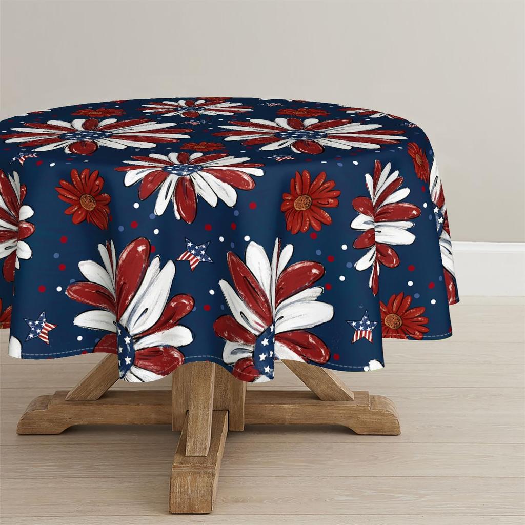 Horaldaily 4th of July Tablecloth 60×60 Inch Round, Patriotic Memorial Day Red and Blue Print Flowers Independence Day Washable Table Cover for