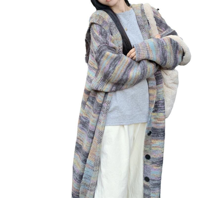 Loose large-scale knitted cardigan women's autumn and winter design sense contrasting colors lazy outer sweater jacket