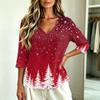 Women's Casual Christmas Print V-Neck Three-Quarter Sleeve T-Shirt Top