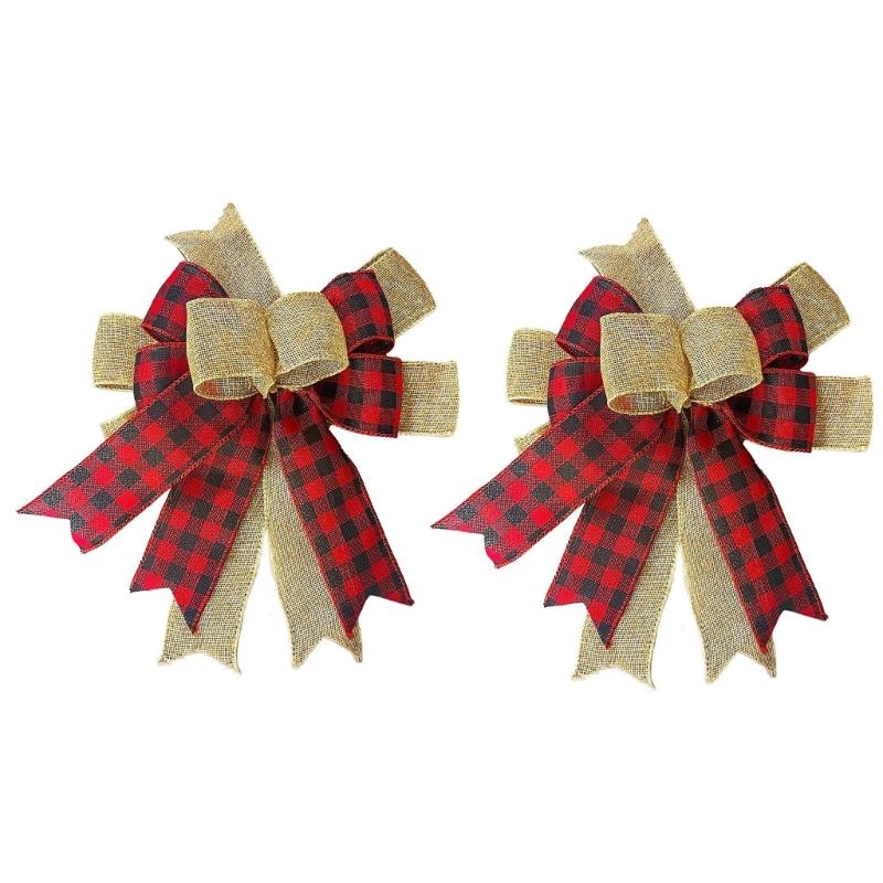 Layered Christmas Bowknot Set, 2-Pack Polyester Patterned Decorations with Concealed Back Tie for Wreaths, Gifts, and Mantels