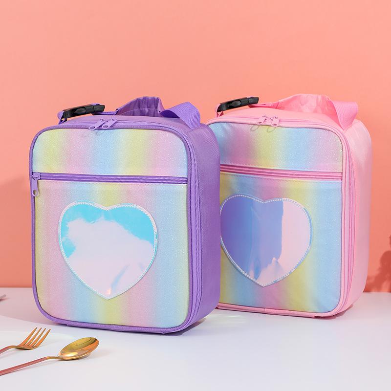 New Children's Heart Lunch Bag Cartoon Cute Picnic Ice Bag Girl's Shoulder Bag Rainbow Color Insulated Lunch Bag