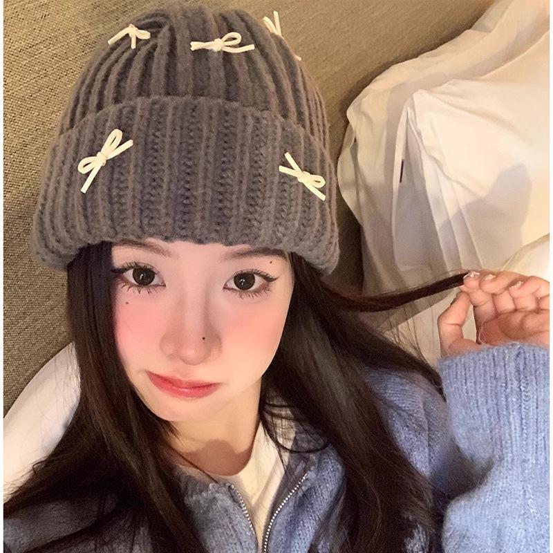 Korean Version Simple Solid Color Bow Plush Hat for Women In Autumn and Winter New Thickened Warm and Cold Proof Knitted Head Hat
