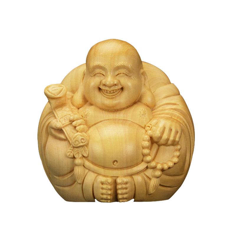 Natural Solid Wood Carving Laughing Buddha, Figure Statue Chinese God of Wealth Cute Home Room Office Car Decoration Figurine
