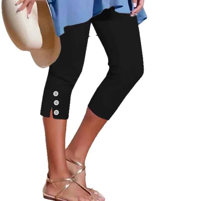 Summer Mid-waist Stretch Solid Color Capre Pants Tight Fashionable and Sexy Button-down Casual Pants