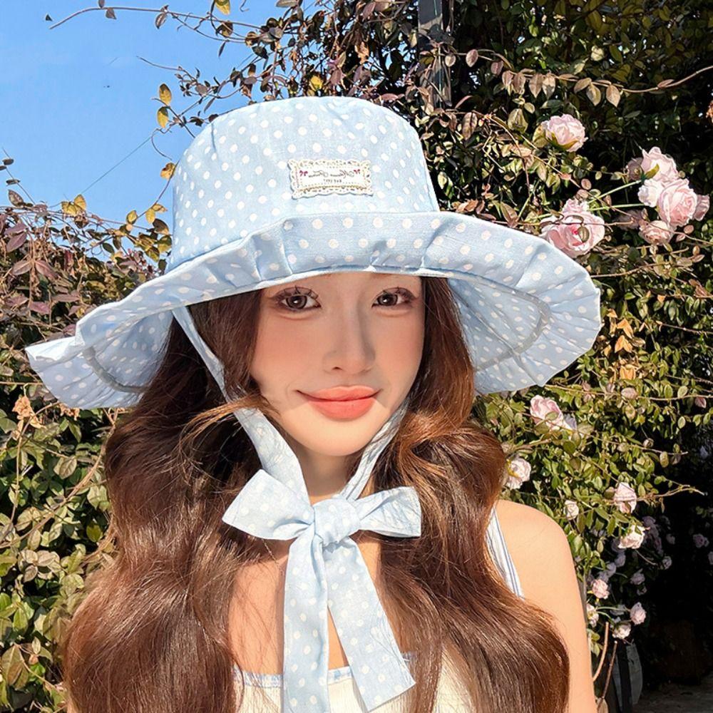 Polka Dot Women Fisherman Hat Ribbon Bucket Hat Casual Sunshade Hat  Summer