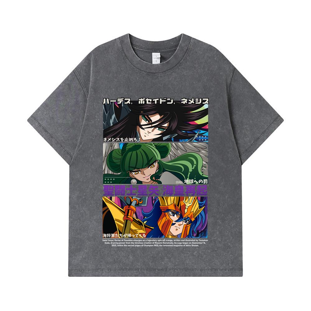 275 GSM Washed T-shirts 100% Cotton Saint Seiya V3 Rerise of Poseidon Print Unisex Heavy Cotton T Shirt