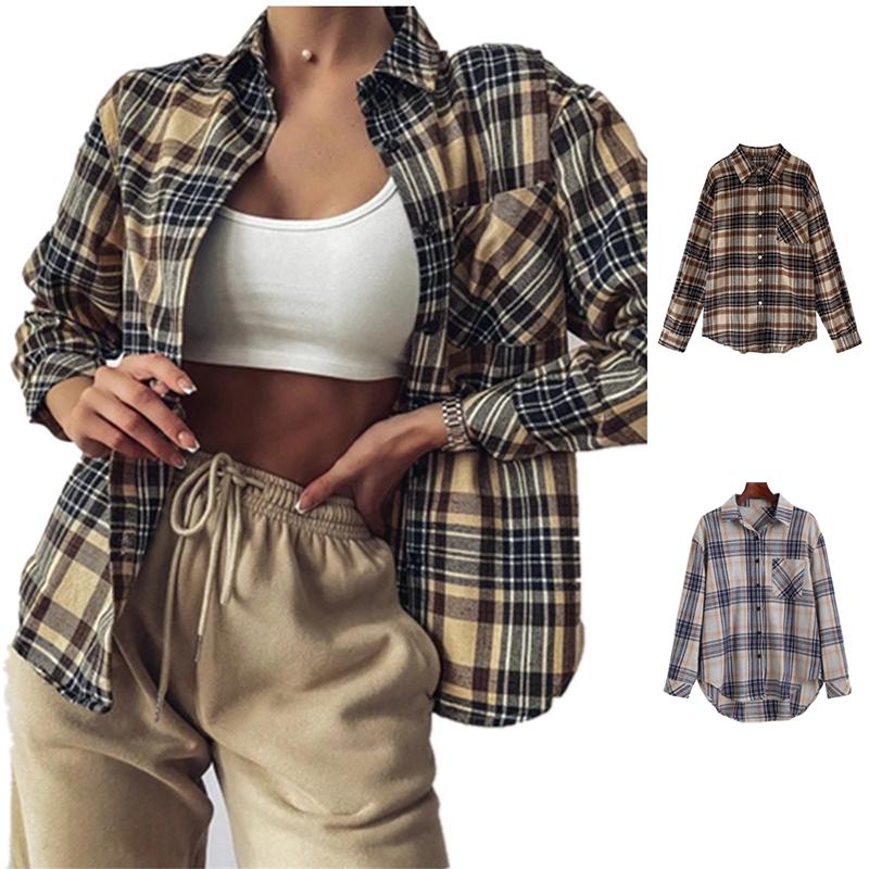 

Женская одежда, модная рубашка в клетку, уличная одежда, свободная повседневная блузка с отложным воротником и длинным рукавом