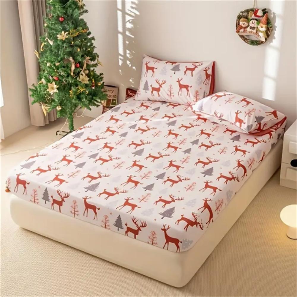 Christmas Theme Santa Hat Design 3-Piece Bedding Set-100% Polyester Microfiber Machine Washable Mattress Cover Durable Sheet