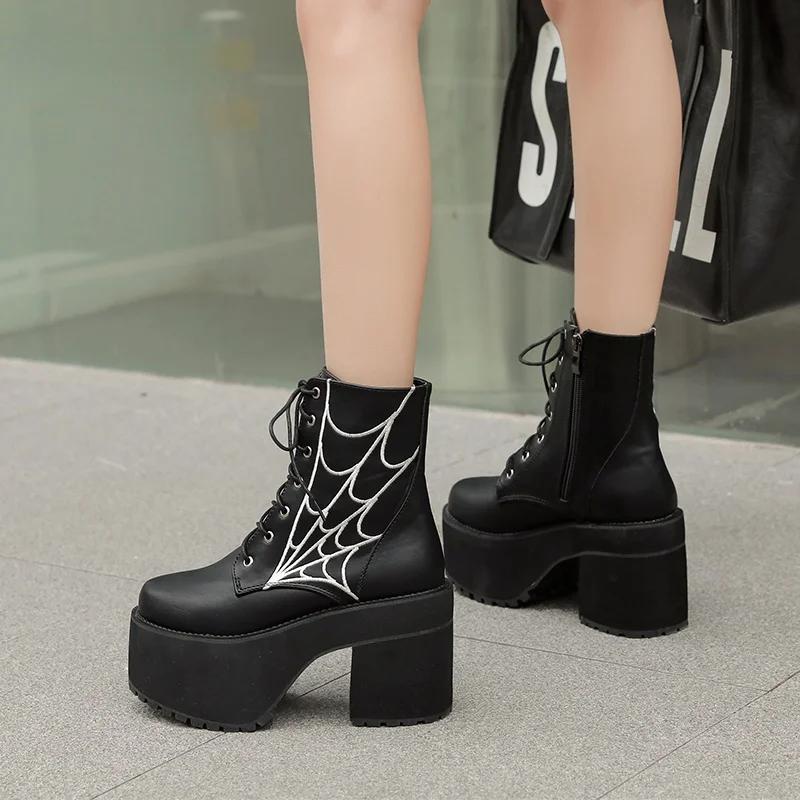 Fashion Women's Platform Chunky High Heel Ankle Boots Black Buckle Strap Lace Up Side Zipper Motorcycle Boots Punk Style Shoes