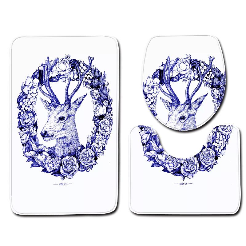 

3D Elk Sanitary Toilet Three-Piece Floor Mat Door Mat Bathroom Carpet three-piece set 45 * 75cm
