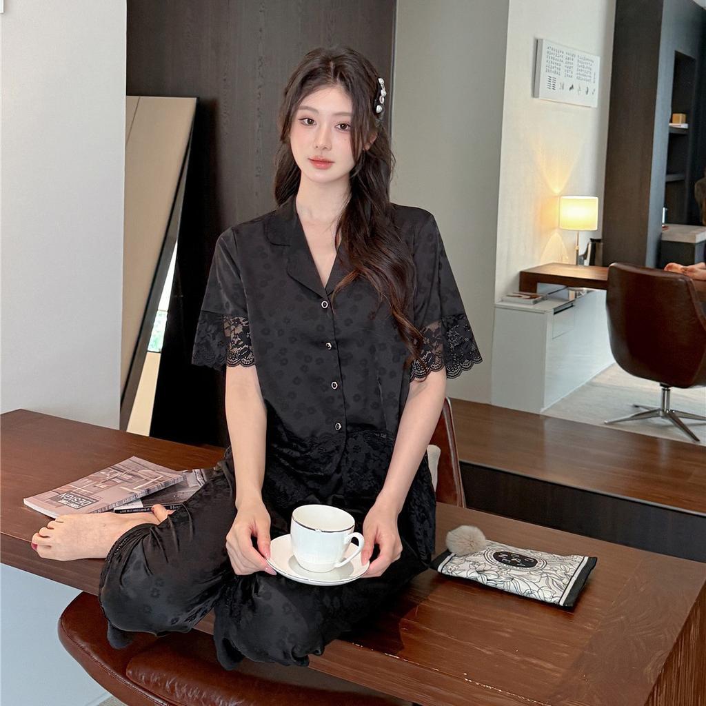 Pajamas women's ice silk summer new sexy lace splicing trousers short-sleeved two-piece set ice and snow silk loungewear set