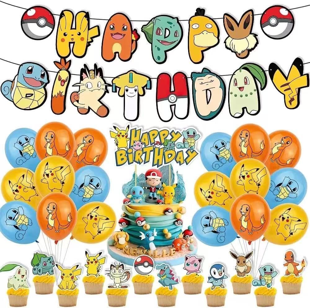 Classic Pokémon Theme Party Decoration Set - Includes 18 themed balloons featuring popular characters + 13 cake toppers 1 decorative flat ribbon.