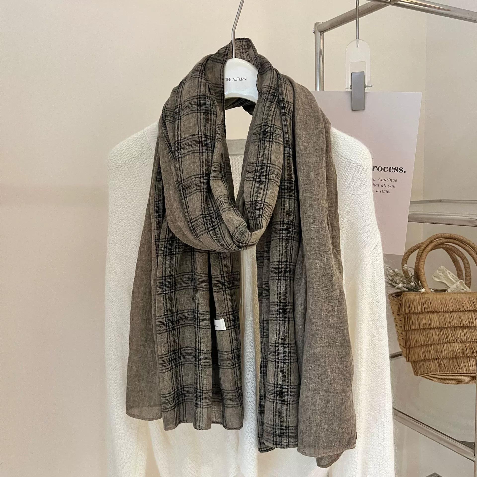 New British Women Scarf Versatile Linen Plaid Cotton And Linen Scarves Thin Long Shawl Autumn And Winter Vintage Scarf 80*190Cm 80x190cm