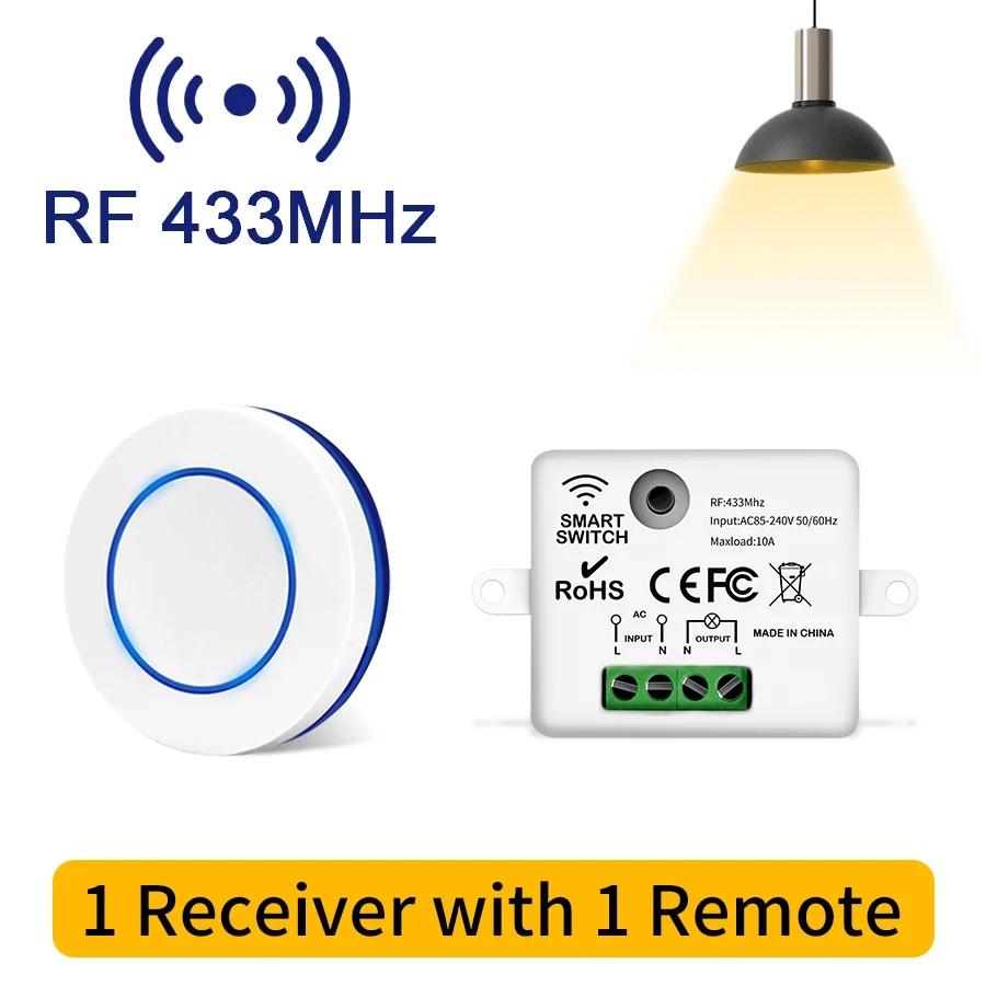 Wireless Light Switch Relay Controlle RF 433MHz Mini Round Button Wall Panel Switch Remote Control AC100-240V 10A For LED Lamp