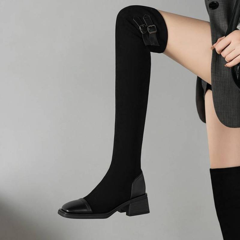 New women's elastic boots women's comfortable sleeve rubber sole middle heel square head suede over knee boots autumn and winter large size boots